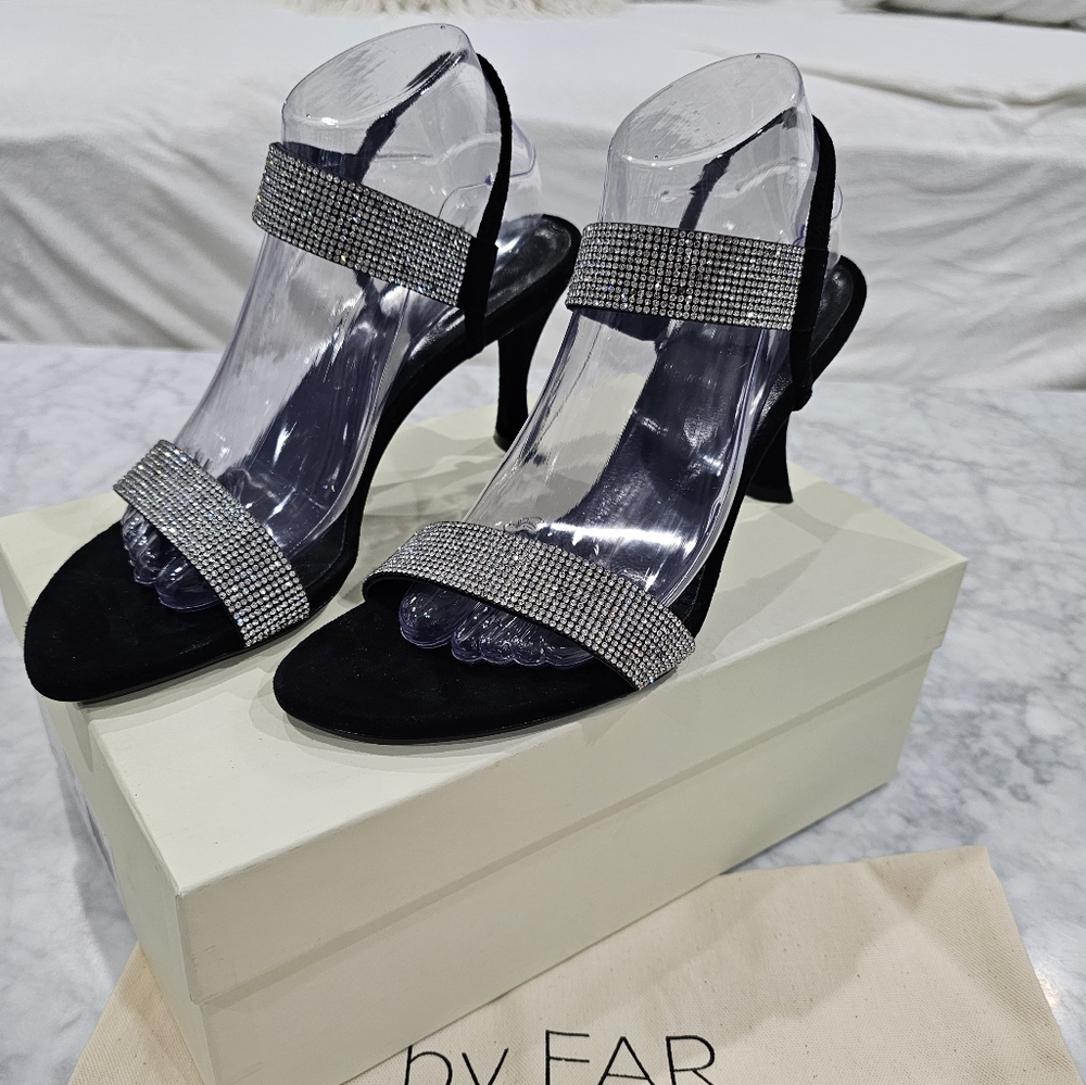 NIB BY FAR Black Suede and Crystal Strappy Slingback Heels EU 40